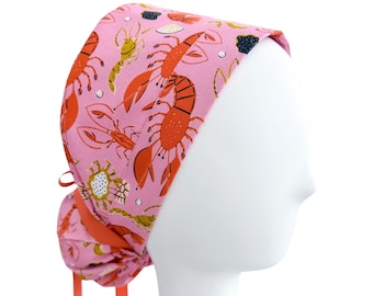 Summer Crawfish Ponytail Scrub Cap, Premium Style (Cinch Ties), Scrub Caps For Women, Ocean Scrub Cap, Funny Scrub Cap