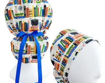 Rifle Paper Co Spellbound Library in Gold Metallic Ponytail Scrub Cap – Surgical Hat with Ribbon Cinch Ties, Optional Satin Lining & Buttons