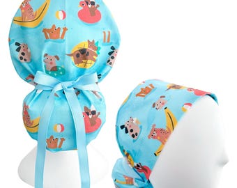 Puppy Pool Party Ponytail Scrub Cap with Ribbon Cinch Ties, Funny Dog Print Nurse Surgical Hat for Medical Professionals