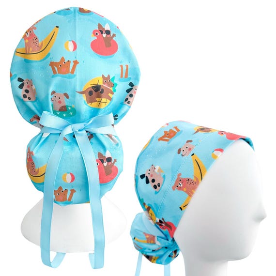 Ponytail Scrub Cap with Ribbon Ties and Buttons, Adjustable, 100% Cotton Christmas Ponytail Scrub Cap: Buttons & Sweatband, Brown  main image 4