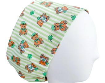 St Patrick’s Day Euro Scrub Cap | Shamrock Teddy Bear Surgical Cap | Adjustable Toggle Nurse Hat | Optional Satin Lining & Mask Buttons