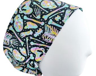 Neon Starlit Skeletons Euro Scrub Cap – Lightweight Cotton Surgical Hat with Adjustable Toggle & Satin Lining Option