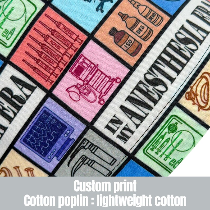 May include: Close-up of a custom print fabric featuring medical equipment and drug illustrations in a grid pattern. The text "IN MY ANESTHESIA" is visible. The fabric is made of lightweight cotton.