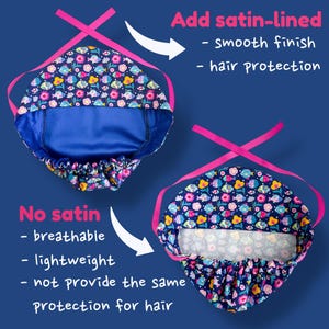 May include: Two bonnets with a floral pattern, one satin-lined and one without. The satin-lined bonnet has a smooth finish and provides hair protection. The other bonnet is breathable and lightweight, but does not provide the same hair protection. Both bonnets have pink ties.