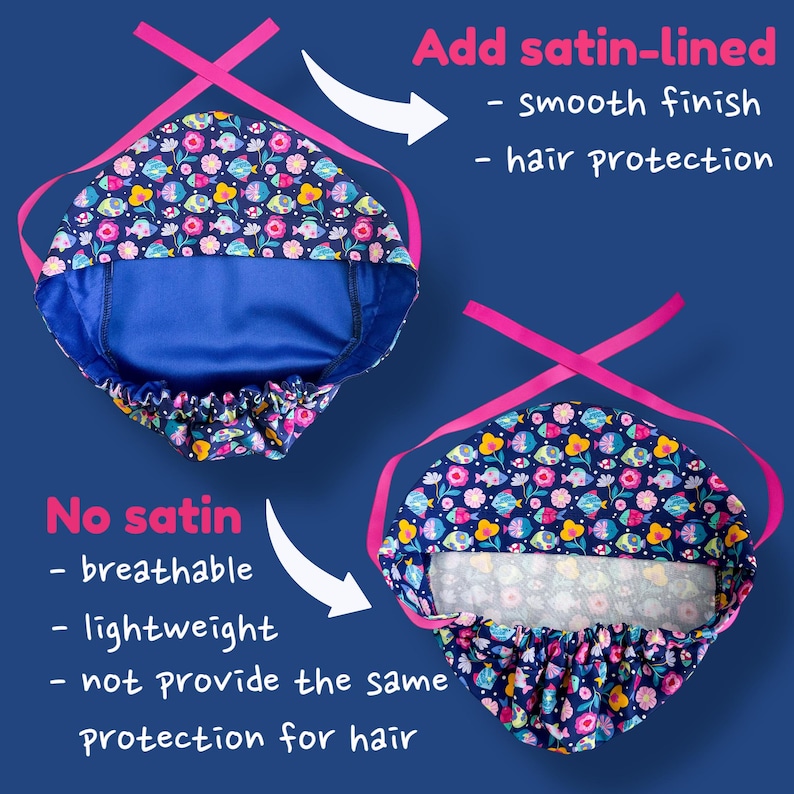 May include: Two bonnets with a floral pattern, one satin-lined and one without. The satin-lined bonnet has a smooth finish and provides hair protection. The other bonnet is breathable and lightweight, but does not provide the same hair protection. Both bonnets have pink ties.