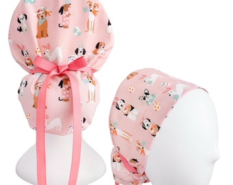 Easter Dog Scrub Cap, Ponytail Scrub Cap, Custom Print Scrub Cap, Surgical Cap Women, Veterinary Scrub Hat, Nurse Cap, Optional Satin Lining