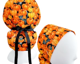 Ponytail Scrub Cap – Freak Meowt Halloween Print – Nurse Surgical Hat with Ribbon Cinch Ties – Optional Buttons & Satin Lining