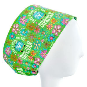 Euro Scrub Cap Take A Ride On The DipriVan, Surgical Hat with An Adjustable Toggle, Custom Print In Green Floral Backdrop, Limited Quantity