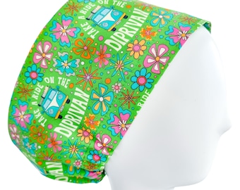 Euro Scrub Cap Take A Ride On The DipriVan, Surgical Hat with An Adjustable Toggle, Custom Print In Green Floral Backdrop, Limited Quantity