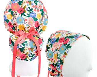 Rifle Paper Co Ponytail Scrub Cap – Vintage Blossom Cream Metallic – Premium Floral Surgical Hat with Cinch Ties for Women