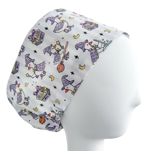 Witch Goose Euro Scrub Cap, Custom Halloween Print Surgical Hat with Toggle, Festive Medical Headwear with Optional Satin Lining & Buttons