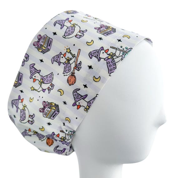 Witch Goose Euro Scrub Cap, Custom Halloween Print Surgical Hat with Toggle, Festive Medical Headwear with Optional Satin Lining & Buttons
