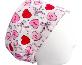 Candy Hearts Euro Scrub Cap | Adjustable Surgical Hat | Valentine’s Nurse Cap | Custom Cotton Print