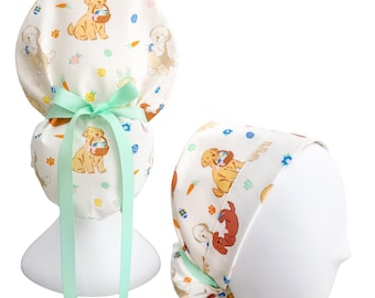 Dog Easter Ponytail Scrub Cap | Adjustable Ribbon Tie Scrub Hat | Custom Print Surgical Cap | Optional Satin Lining | Nurse Surgical Hat