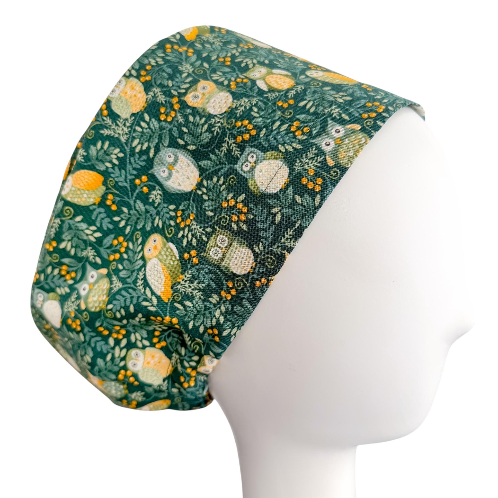 Twilight Owls Euro Scrub Cap, Adjustable Toggle Cotton Surgical Hat, Forest Owl Print, Optional Sati