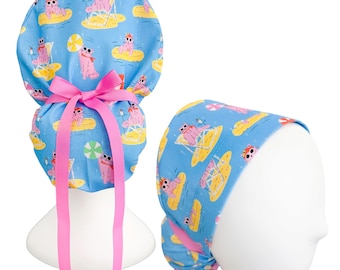 Poolside Pink Kitty Ponytail Scrub Cap | Cute Cat Surgical Cap | Adjustable Ribbon Tie | Nurse Cap | Optional Satin Lining | ZillymooseCaps