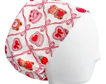 Strawberry Bear Euro Scrub Cap | Adjustable Surgical Cap for Women | Custom Print Cotton | Optional Satin Lining & Mask Buttons
