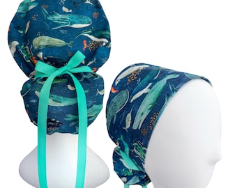 Deep Blue Ocean Ponytail Scrub Cap | Adjustable Ribbon Back | Whale & Sea Life Surgical Cap | Nurse Scrub Hat | Optional Satin Lining