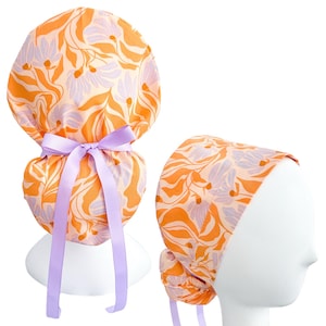 Ponytail Scrub Cap for Nurses Orange Purple Floral Medical Headwear with Ribbon Cinch Ties Summer Print