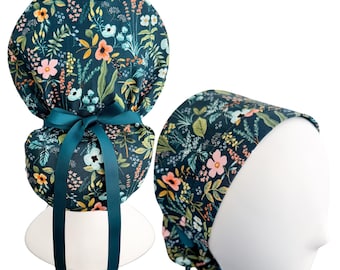 Rifle Paper Co Floral Scrub Cap | Ponytail Style with Adjustable Hair Pouch | Optional Satin Lining & Mask Buttons | Surgical Cap for Women