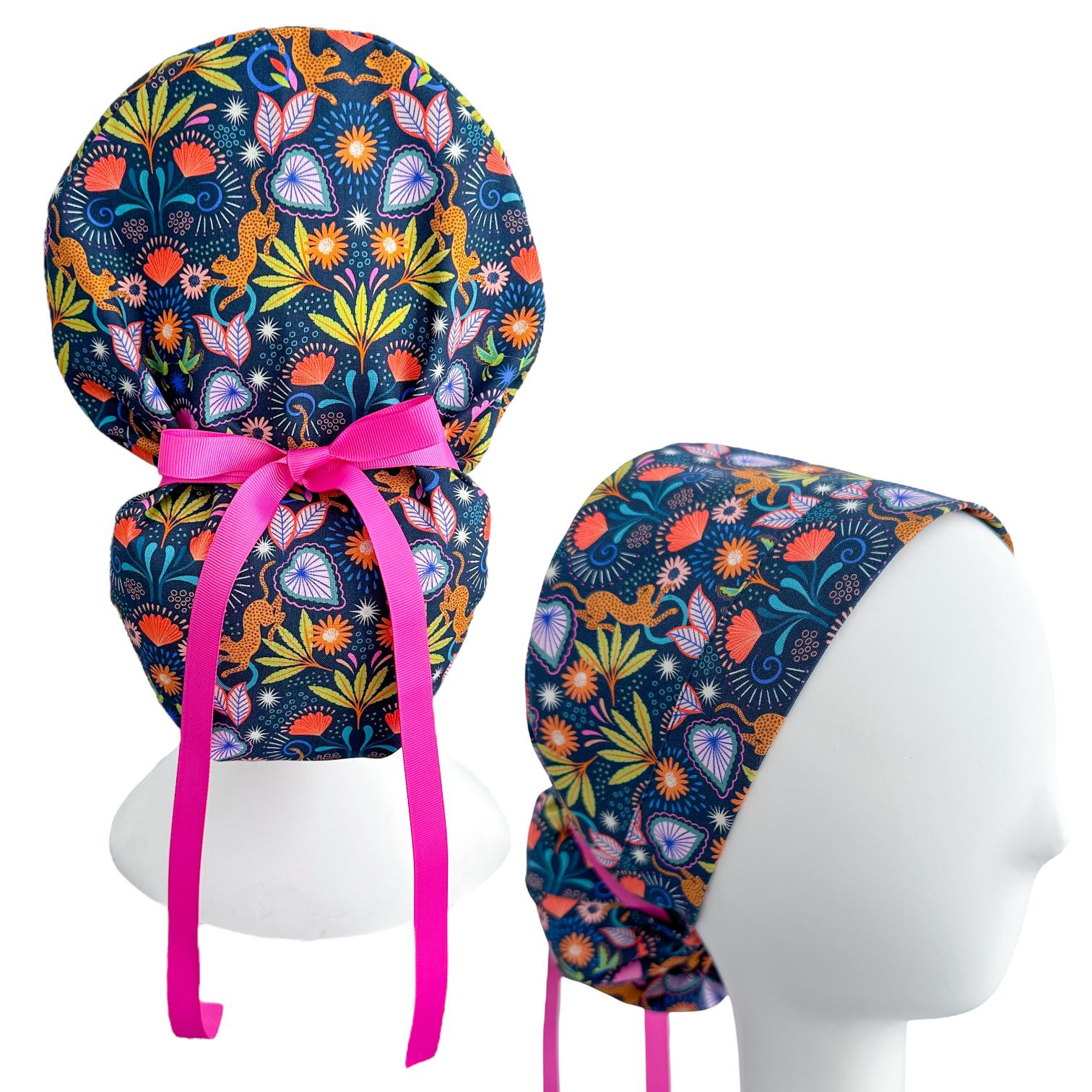 Ponytail Scrub Cap for Nurses with Ribbon Ties – Medical Hat with Mirrored Jaguar Dark Blue Pattern Optional Satin Lining