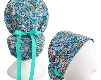 Rifle Paper Co Meadow Blue Scrub Cap | Ponytail Style with Adjustable Hair Pouch | Optional Satin Lining & Mask Buttons