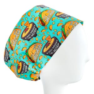 Euro Scrub Cap Let's Taco Bout Anesthesia, Surgical Hat with An Adjustable Toggle, Custom Print In Aqua  Backdrop, Limited Quantity