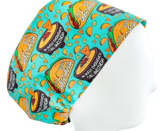 Euro Scrub Cap Let's Taco Bout Anesthesia, Surgical Hat with An Adjustable Toggle, Custom Print In Aqua  Backdrop, Limited Quantity