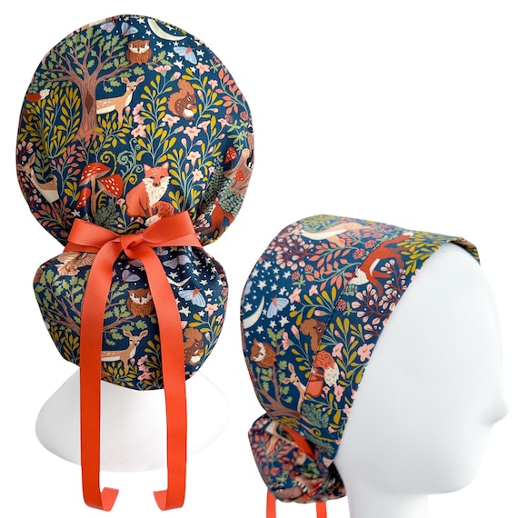 Ponytail Scrub Cap with Ribbon Cinch Ties - Enchanted Forest Animal Print Medical Headwear for Nurses, Optional Satin Lining