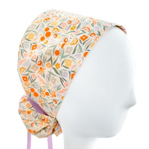 Ponytail Scrub Cap for Nurses Tangerine Floral Medical Headwear with Ribbon Cinch Ties Summer Print