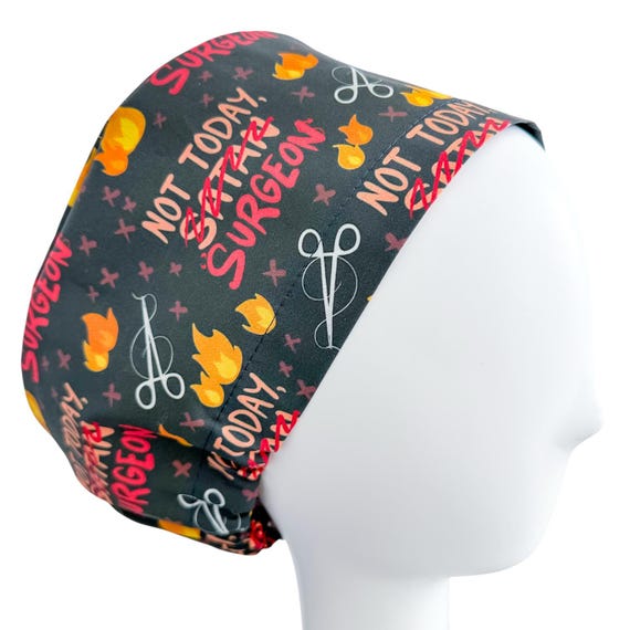 Not Today Satan Surgeon Euro Scrub Cap – Funny Spooky Lightweight Cotton Surgical Hat with Adjustable Toggle & Satin Lining Option