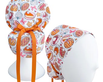 Custom Print Pumpkin Pie Ponytail Scrub Cap | Fall Thanksgiving Surgical Cap | Adjustable Ribbon Tie | Optional Satin Lining