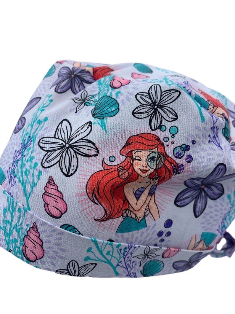 Ribbon Bow Ties White Ariel Scrub Hat Mermaid Ponytail Scrub Cap Cotton Disney Ariel Surgical Cap Ponytail Cap Long Hair