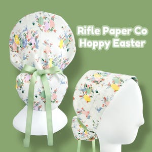 Rifle Paper Co Hoppy Easter Ponytail Scrub Cap | Bunny & Flowers Print | Adjustable Surgical Hat for Long Hair with Cinch Tie