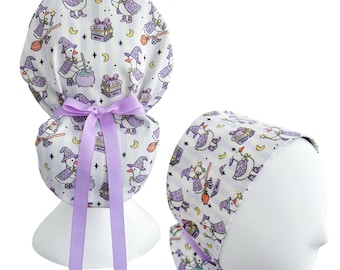 Witch Goose Ponytail Scrub Cap, Custom Print Surgical Hat with Cute Halloween Print & Ribbon Cinch Ties | Optional Satin Lining