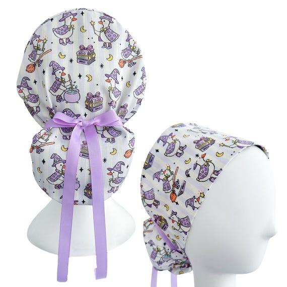 Witch Goose Ponytail Scrub Cap, Custom Print Surgical Hat with Cute Halloween Print & Ribbon Cinch Ties | Optional Satin Lining