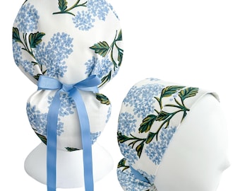Nurse Surgical Hat Floral Meadow Scrub Cap with Ribbon Cinch Ties Ponytail Medical Headwear Cream Hydrangea