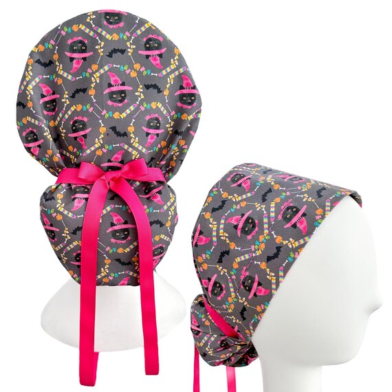 Ponytail Scrub Cap – Trick-O-Treat Witch Cat Print – Nurse Surgical Hat with Ribbon Cinch Ties – Optional Buttons & Satin Lining