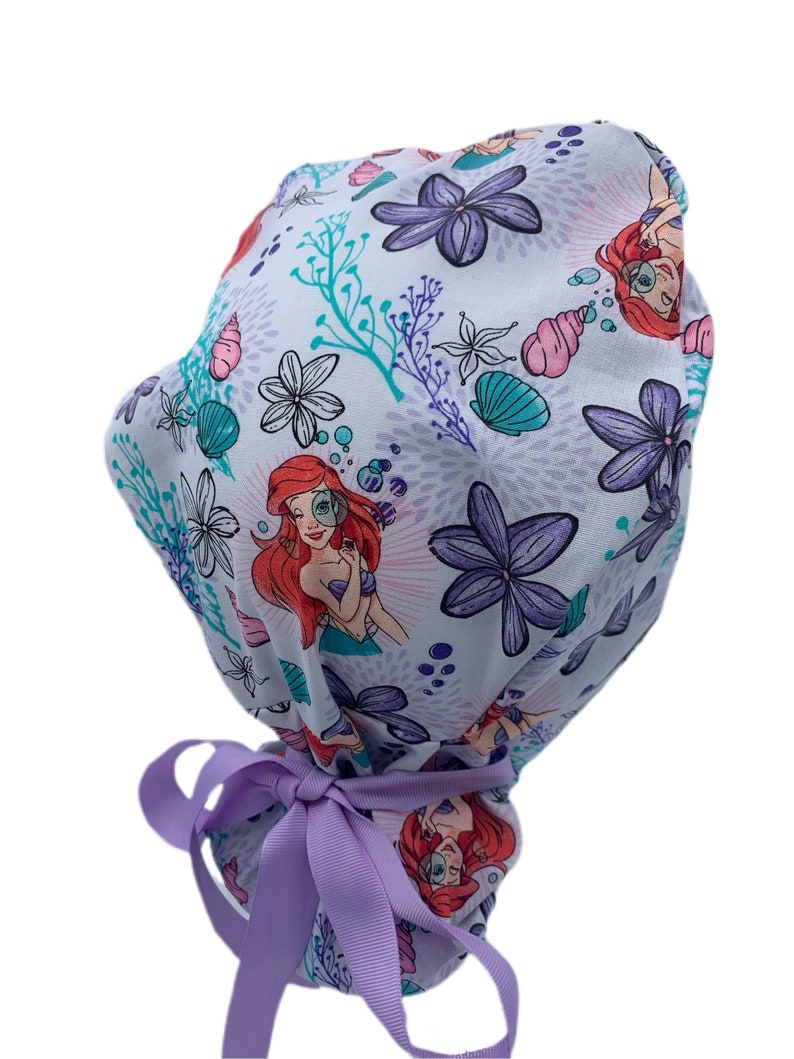 Ribbon Bow Ties White Ariel Scrub Hat Mermaid Ponytail Scrub Cap Cotton Disney Ariel Surgical Cap Ponytail Cap Long Hair