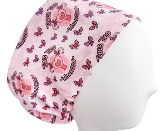 Tubes Tied With Bows Euro Scrub Cap, Custom Print Lightweight Cotton Surgical Hat with Adjustable Toggle & Satin Lining Option