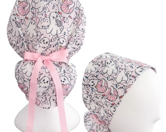 Pink Christmas Ghosties Ponytail Scrub Cap, Custom Print Surgical Hat With Ribbon Cinch Ties | Optional Satin Lining