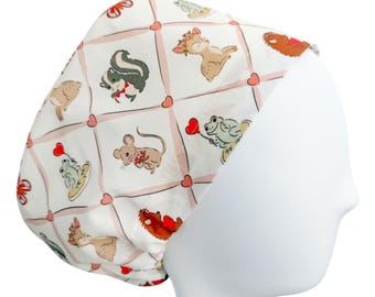 Valentine Woodland Euro Scrub Cap | Adjustable Toggle Surgical Cap | Cute Animal Nurse Hat | Optional Satin Lining & Mask Buttons