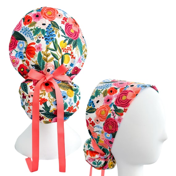 Garden Party Cream Scrub Cap | Rifle Paper Co Floral Scrub Cap with Cinch Ties, Ponytail Medical Hat, Optional Satin Lining & Add Buttons
