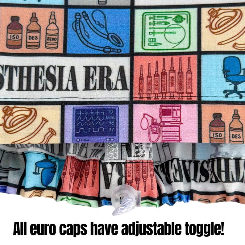 May include: A patterned fabric featuring medical equipment illustrations, including syringes, monitors, and anesthesia machines. The text "ANESTHESIA ERA" is prominently displayed. The fabric has an adjustable toggle.