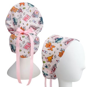 Meowtini Lounge Ponytail Scrub Cap | Adjustable Nurse Hat with Ribbon Tie | Cat Scrub Cap | Optional Satin Lining & Buttons, Custom Print