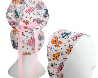 Meowtini Lounge Ponytail Scrub Cap | Adjustable Nurse Hat with Ribbon Tie | Cat Scrub Cap | Optional Satin Lining & Buttons, Custom Print