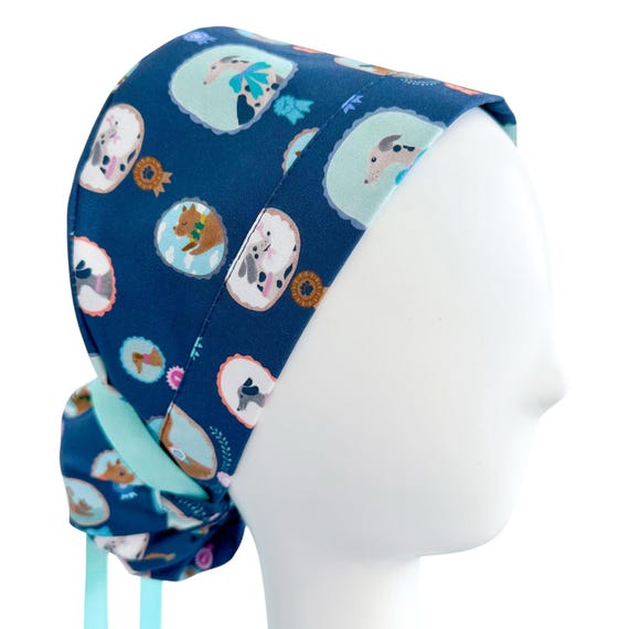 Bubbly Pups Ponytail Scrub Cap – Dog Print | Cinch Tie Surgical Cap for Long Hair
