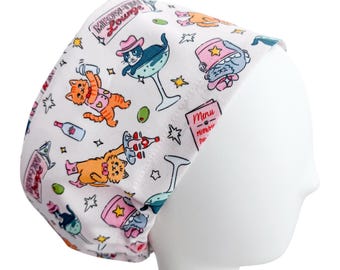 Meowtini Lounge Euro Scrub Cap | Adjustable Surgical Hat for Nurses | Custom Cat Print | Optional Satin Lining & Mask Buttons