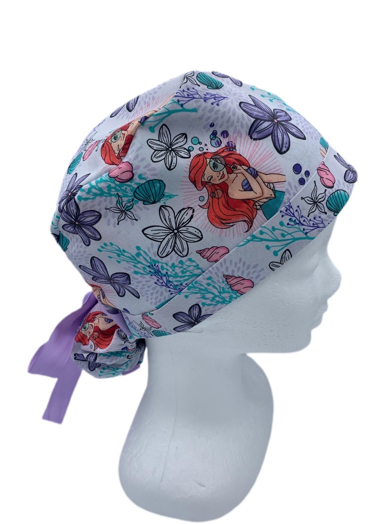 Ribbon Bow Ties White Ariel Scrub Hat Mermaid Ponytail Scrub Cap Cotton Disney Ariel Surgical Cap Ponytail Cap Long Hair