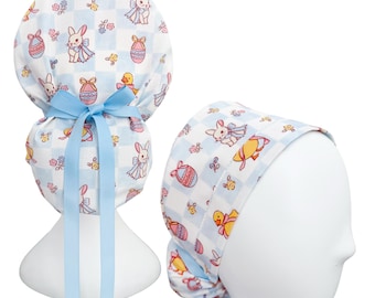 Easter Bunny Ponytail Scrub Cap | Custom Print Nurse Scrub Hat | Satin Lined Option | Blue Bunny Surgical Cap | Cute Medical Cap